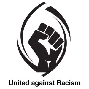 A raised fist, black on white, surrounded by a stylized outline of a Christian fish symbol. Underneath it reads "United against racism".