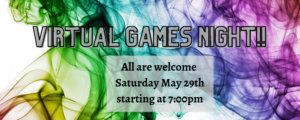 Virtual Games Night written on a swirly rainbow background