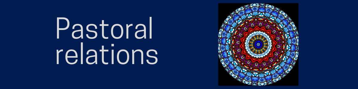 "Pastoral relations" on a blue background with a stained glass circle in blue and red. 